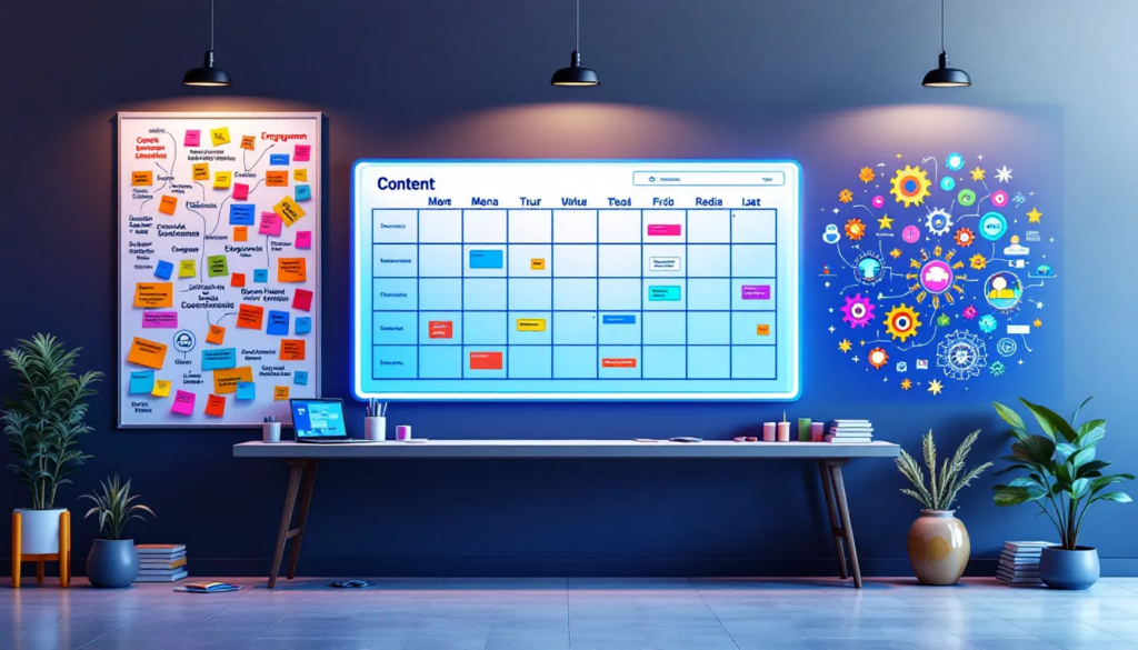 A creative workspace with a content calendar and engaging content ideas.