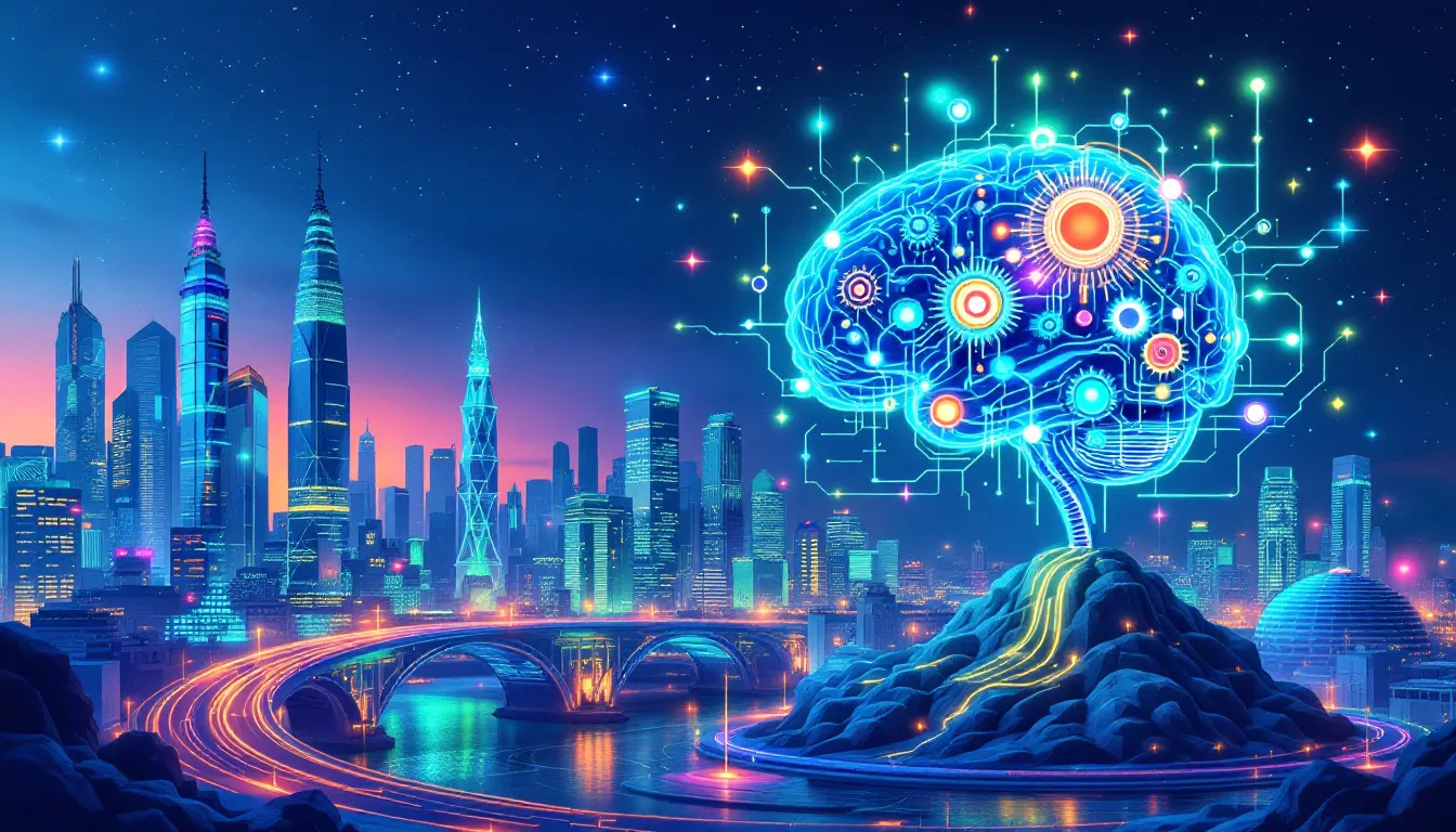 An illustration depicting the rise of AI and machine learning in software development, showcasing various AI-powered tools.