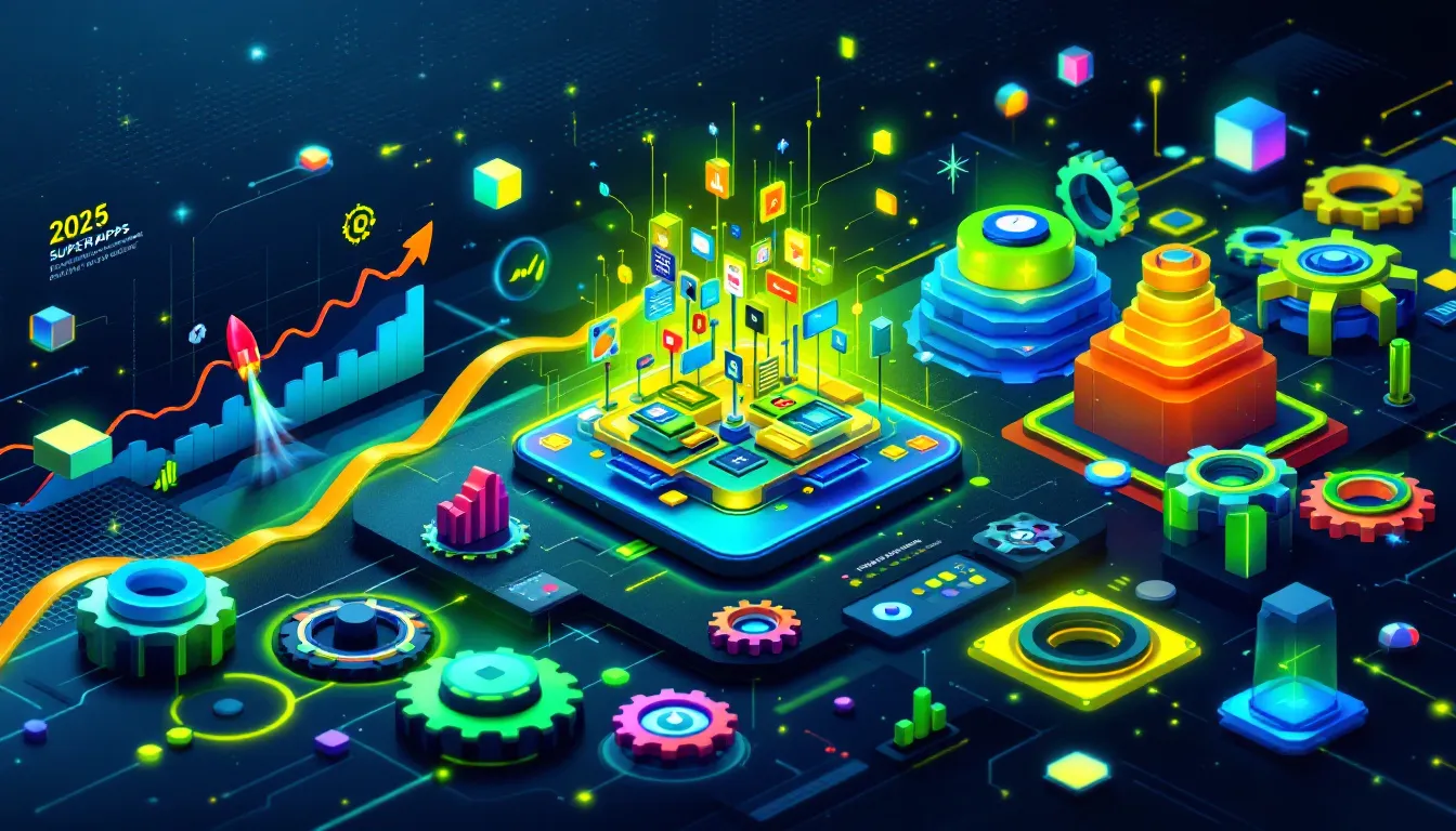 An infographic illustrating the proliferation of superapps and their impact on software development trends in 2025.