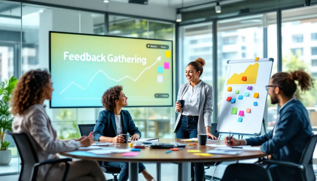 A team gathering feedback during a sprint retrospective meeting.