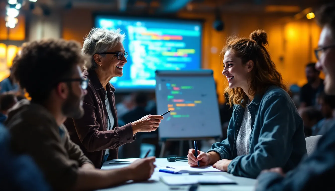 A mentor guiding a junior developer, demonstrating the importance of leadership and mentorship in software development.