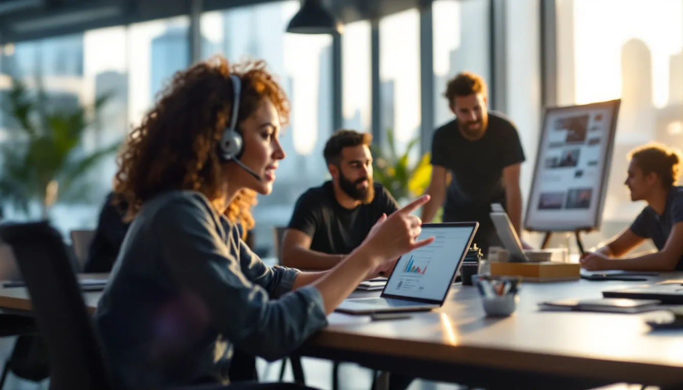 The image depicts a diverse group of professionals in a modern office setting, collaborating as a development team. They are engaged in discussions about the product backlog and user stories, emphasizing the key roles of the product owner and scrum master within an agile framework, highlighting their focus on delivering maximum value in the software development process.