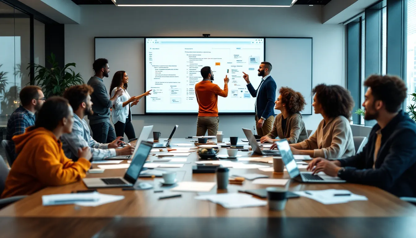 A diverse team of software developers collaborating on a project, showcasing teamwork and collaboration skills.