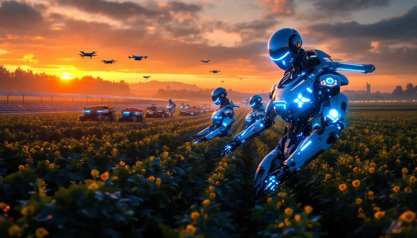 An agricultural field with autonomous systems performing harvesting.