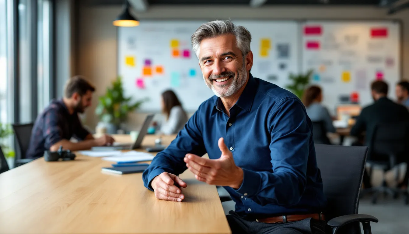 A successful tech Product Owner stands confidently in front of a whiteboard filled with user stories and a product backlog, illustrating their key role in guiding the development team through the agile software development process. They engage with team members and stakeholders, emphasizing the importance of communication skills and collaboration in achieving the product vision and maximizing value.