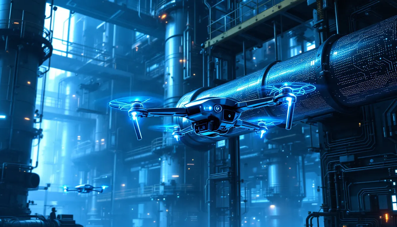 Autonomous drones conducting safety inspections in an industrial environment.