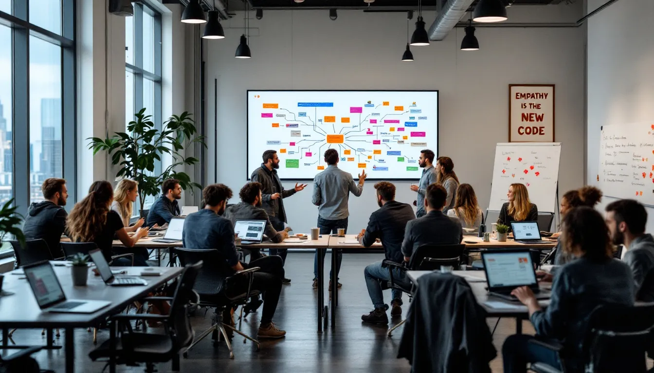 A creative workspace where software developers are innovating and brainstorming new ideas.
