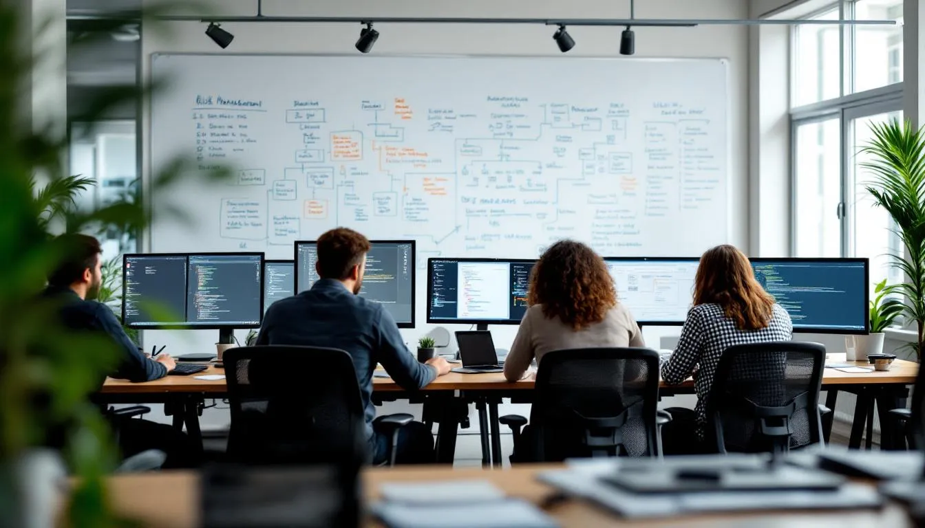 The image illustrates the concept of managing software project risks, showcasing a project manager analyzing a risk matrix filled with identified risks and potential threats. This visual representation emphasizes effective risk management strategies, including risk identification, assessment, and mitigation, crucial for ensuring project success in software development.
