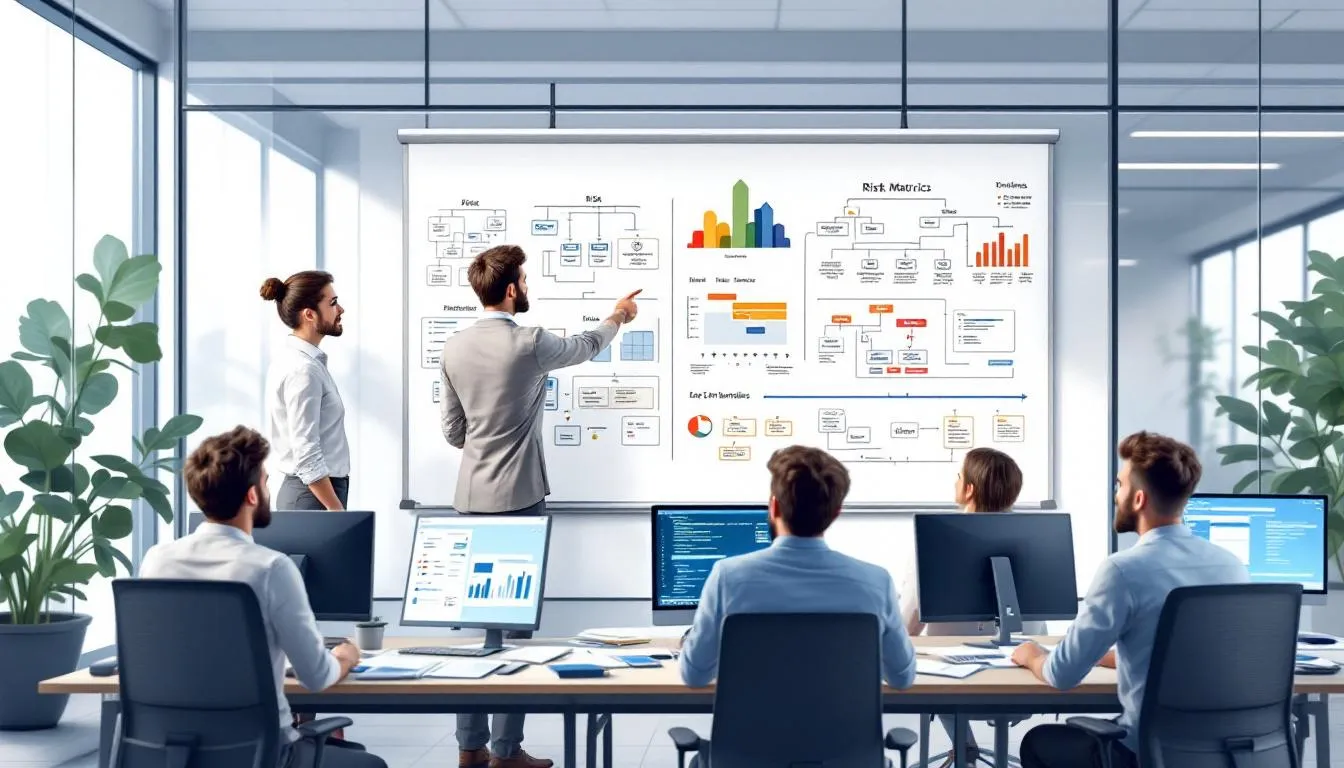 The image depicts a project manager analyzing a risk management plan for software development projects, highlighting various risk management strategies and processes. It illustrates the importance of identifying potential risks and implementing effective risk management practices to ensure project success.