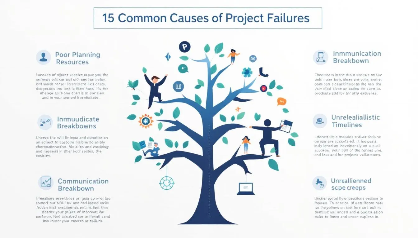 The image depicts a project management meeting where a project manager discusses the causes of project failures with the project team. Sticky notes with keywords related to project objectives, missed deadlines, and lessons learned are visible on a whiteboard, emphasizing the importance of effective communication and stakeholder engagement in preventing project failure.